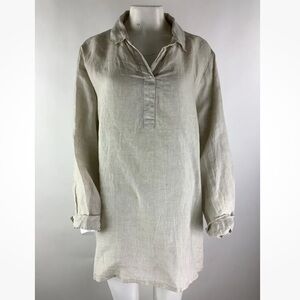 Match Point Sz L 100% Linen Oversized Tunic Top Beige Long Sleeve Pullover
